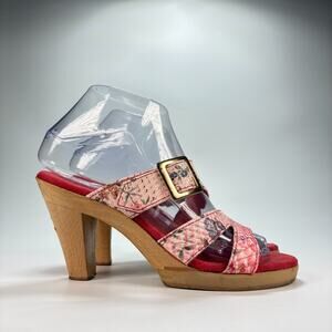 Helle Comfort Pink Red Snakeskin Strap Chunky Heel Platform Sandals Women's Sz 7